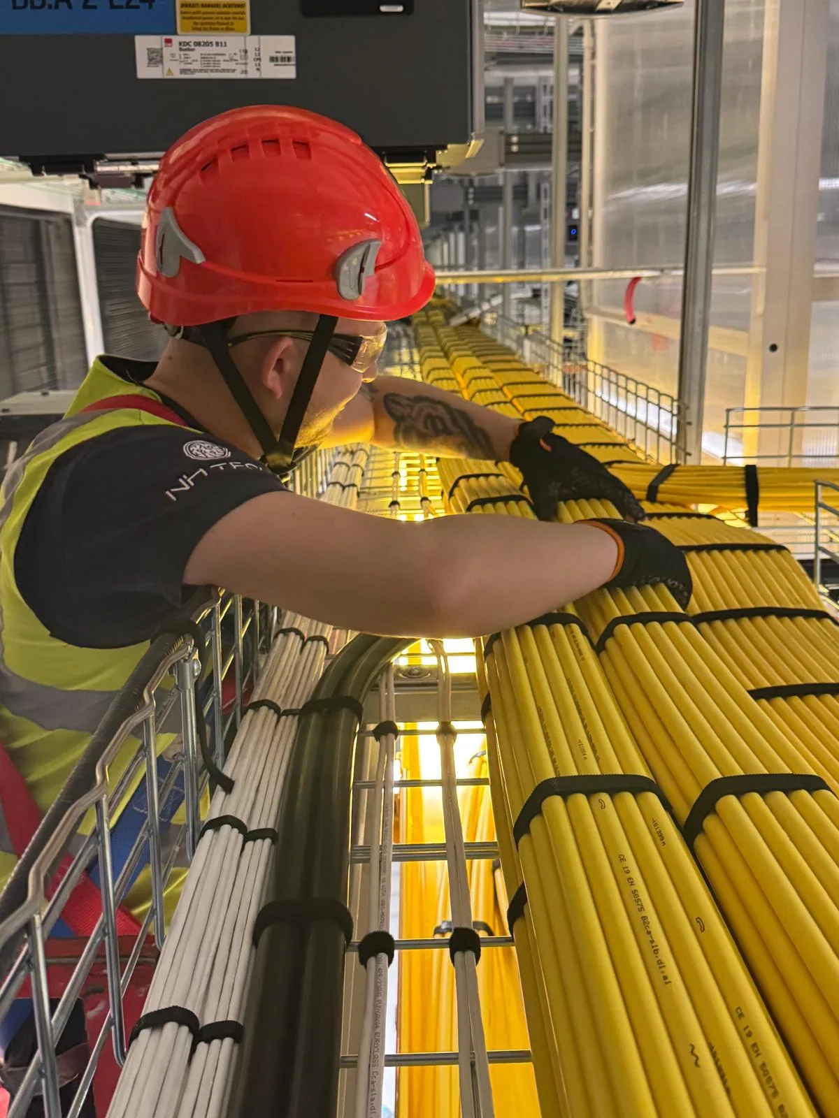 A technician in a red helmet arranging bundles of yellow fibre trunk cables on an overhead cable tray